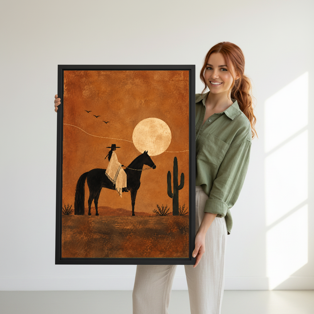 moonlit western rider canvas wall art framed as a woman in green holds the artwork indoors.