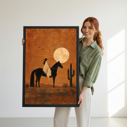 moonlit western rider canvas wall art framed as a woman in green holds the artwork indoors.