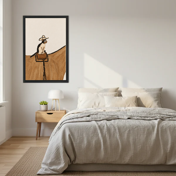 cowboy saddle cat canvas wall art framed above a neutral cream bed with wooden nightstands.
