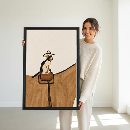 cowboy saddle cat canvas wall art framed as a woman dressed in white holds the artwork.