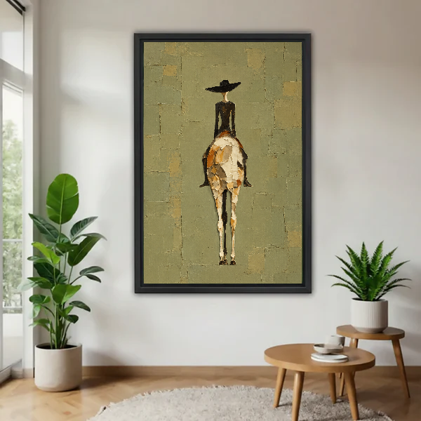 western woman rider canvas wall art framed above a wooden table beside green plants and stools.
