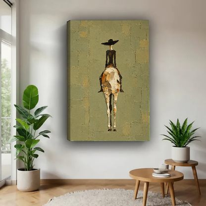western woman rider canvas wall art unframed above a wooden table beside green plants and stools.