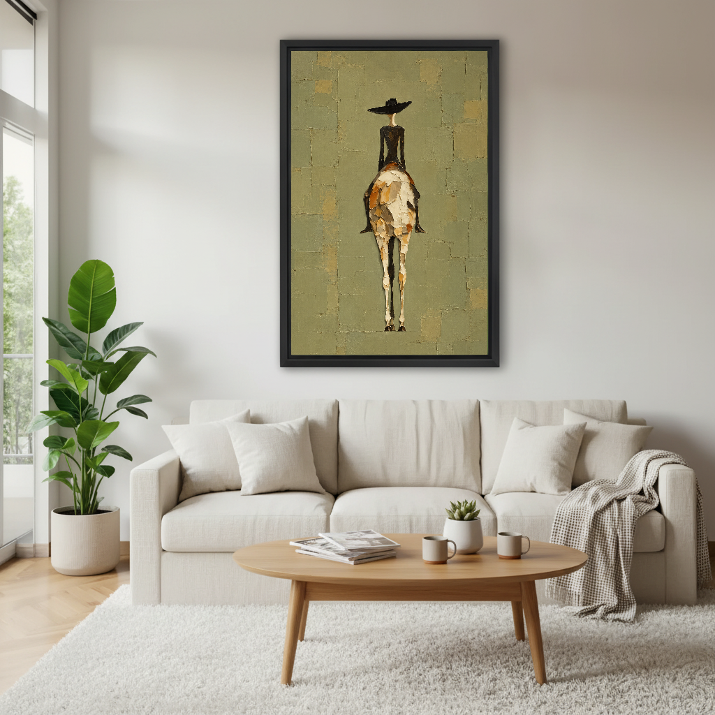 western woman rider canvas wall art framed above a white sofa with plants and round coffee table.