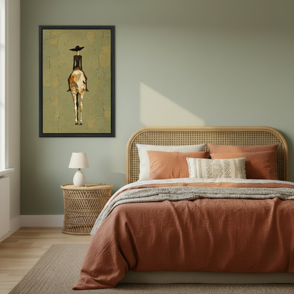 western woman rider canvas wall art framed above a copper bed against a muted green wall.