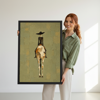 western woman rider canvas wall art framed as a woman in green holds the artwork indoors.