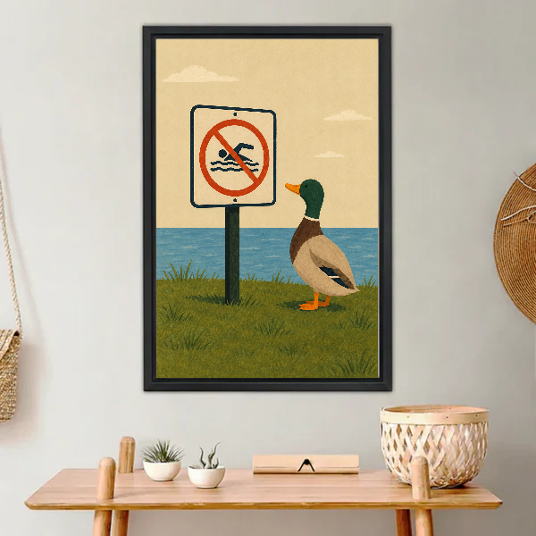 no swimming duck canvas wall art framed above a light wood console with cacti and basket.