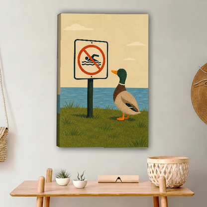 no swimming duck canvas wall art unframed above a light wood console with cacti and basket.