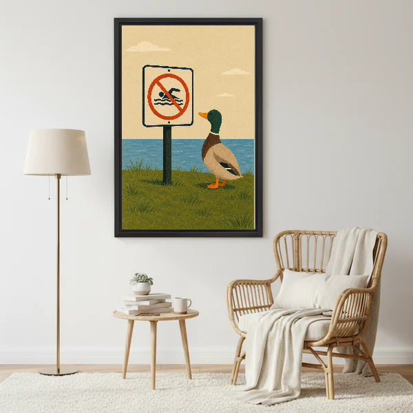 no swimming duck canvas wall art framed beside a wicker armchair with floor lamp and small table.