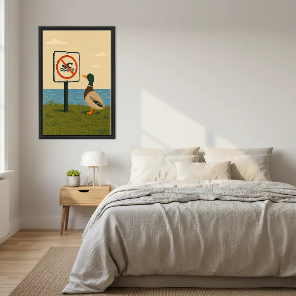 no swimming duck canvas wall art framed above a neutral cream bed with wooden nightstands.