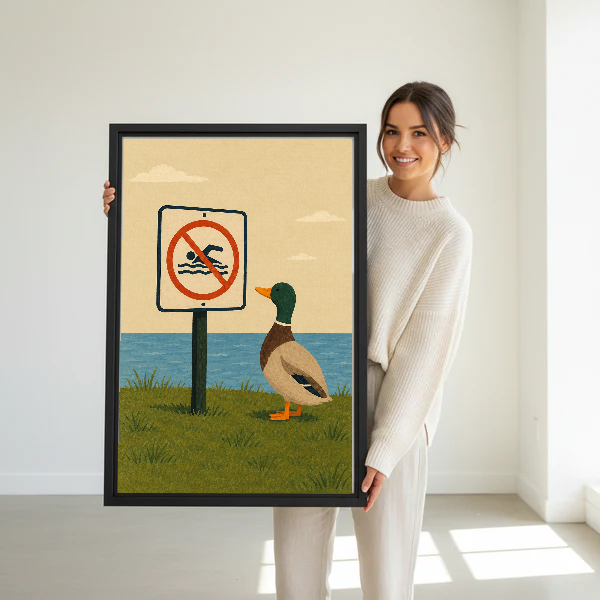 no swimming duck canvas wall art framed as a woman dressed in white holds the artwork.
