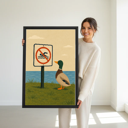 no swimming duck canvas wall art framed as a woman dressed in white holds the artwork.