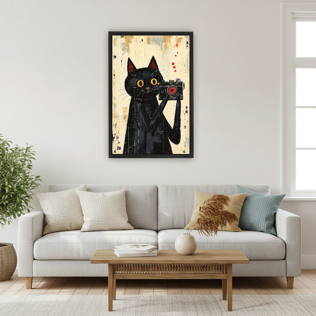 vintage camera cat canvas wall art framed above a light gray sofa and wooden coffee table.