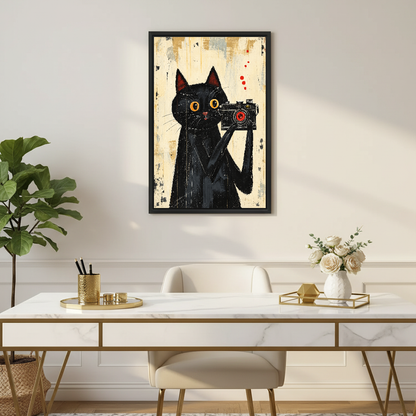 vintage camera cat canvas wall art framed above a white desk with flowers and white chair.