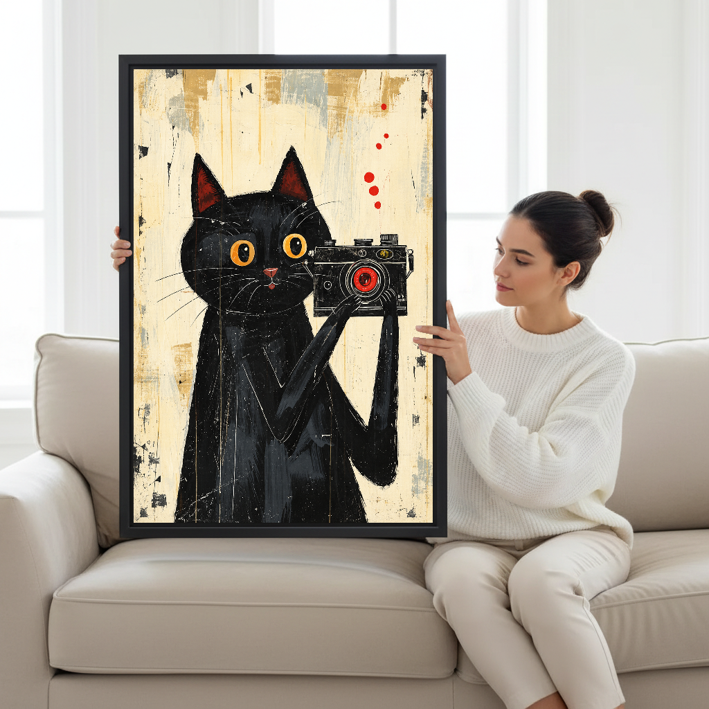 vintage camera cat canvas wall art framed as a seated woman holds the artwork on a pale sofa.