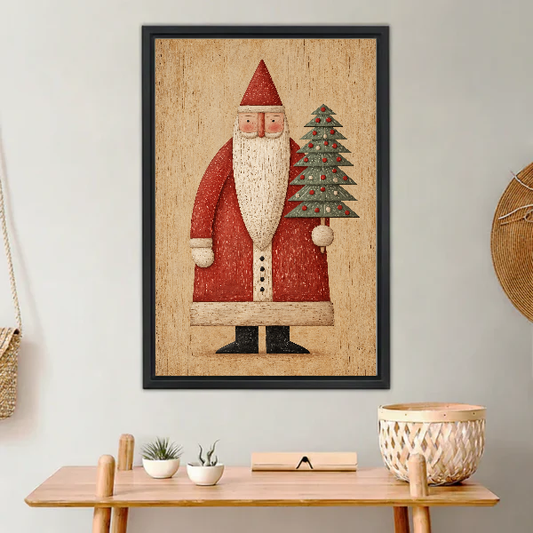 folk santa tree canvas wall art framed above a light wood console with cacti and basket.