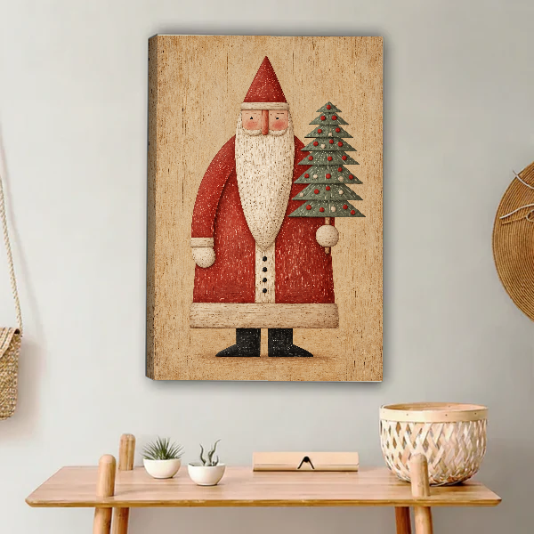 folk santa tree canvas wall art unframed above a light wood console with cacti and basket.