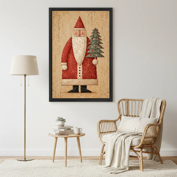 folk santa tree canvas wall art framed beside a wicker armchair with floor lamp and small table.