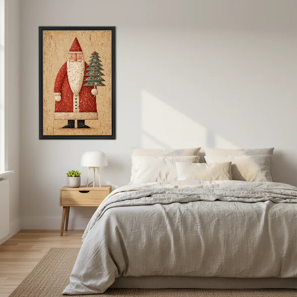 folk santa tree canvas wall art framed above a neutral cream bed with wooden nightstands.