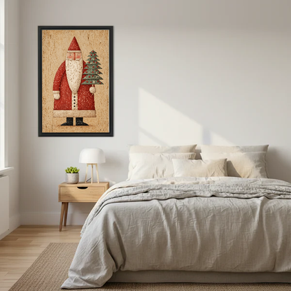 folk santa tree canvas wall art framed above a neutral cream bed with wooden nightstands.
