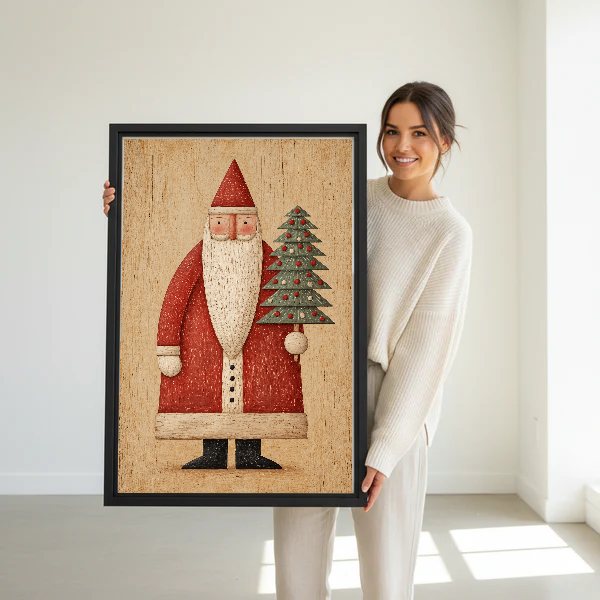 folk santa tree canvas wall art framed as a woman dressed in white holds the artwork.