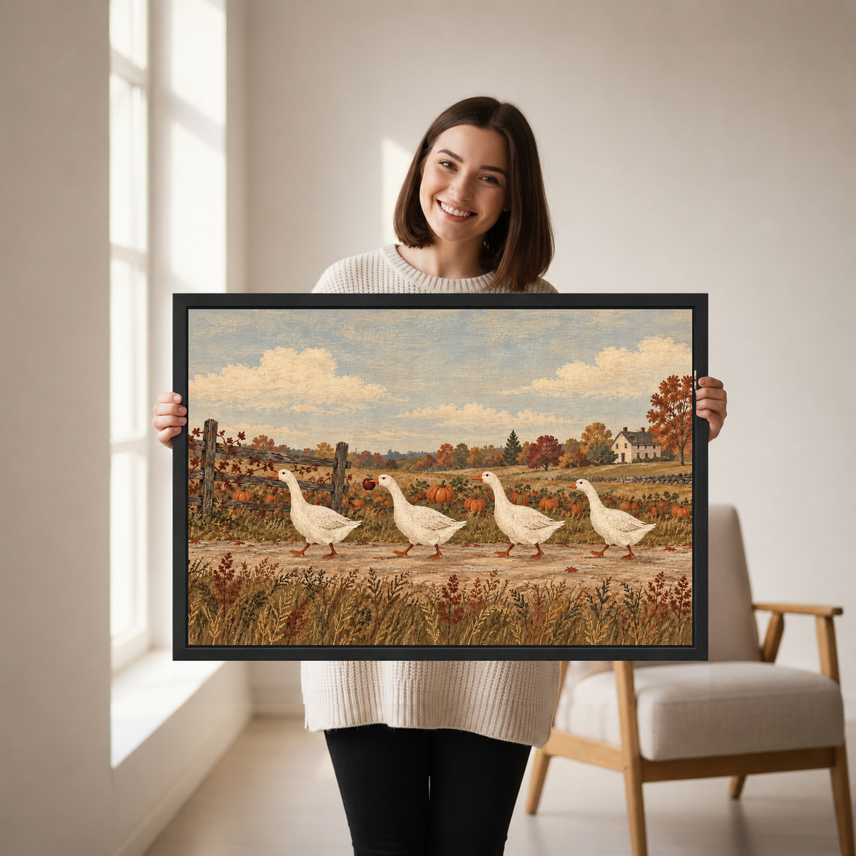 country harvest geese canvas wall art framed as a woman holds the artwork in a neutral room.