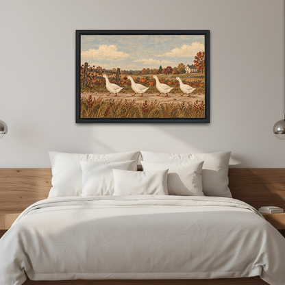 country harvest geese canvas wall art framed above a white bed against softly lit neutral walls.