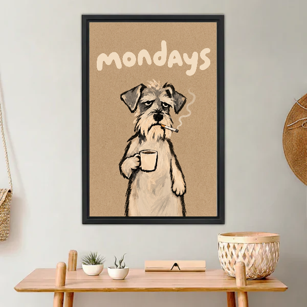sleepy monday terrier canvas wall art framed above a light wood console with cacti and basket.