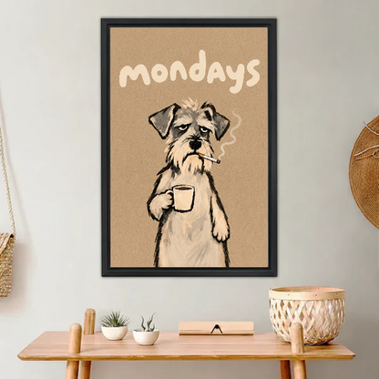 sleepy monday terrier canvas wall art framed above a light wood console with cacti and basket.