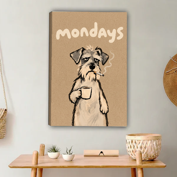 sleepy monday terrier canvas wall art unframed above a light wood console with cacti and basket.