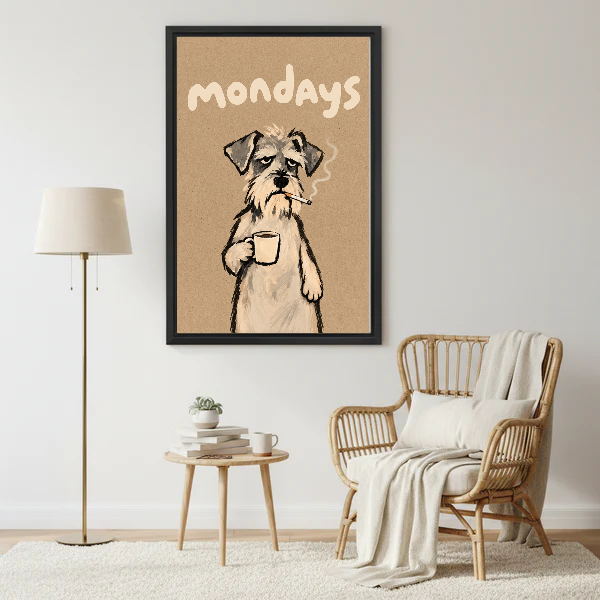 sleepy monday terrier canvas wall art framed beside a wicker armchair with floor lamp and small table.