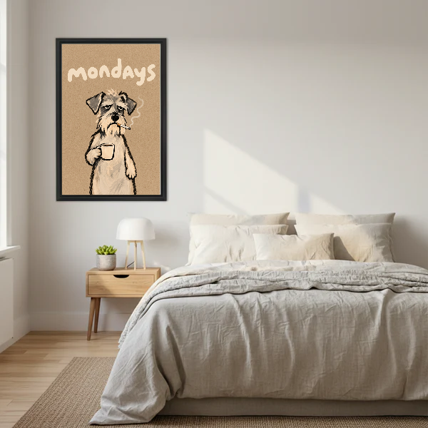 sleepy monday terrier canvas wall art framed above a neutral cream bed with wooden nightstands.