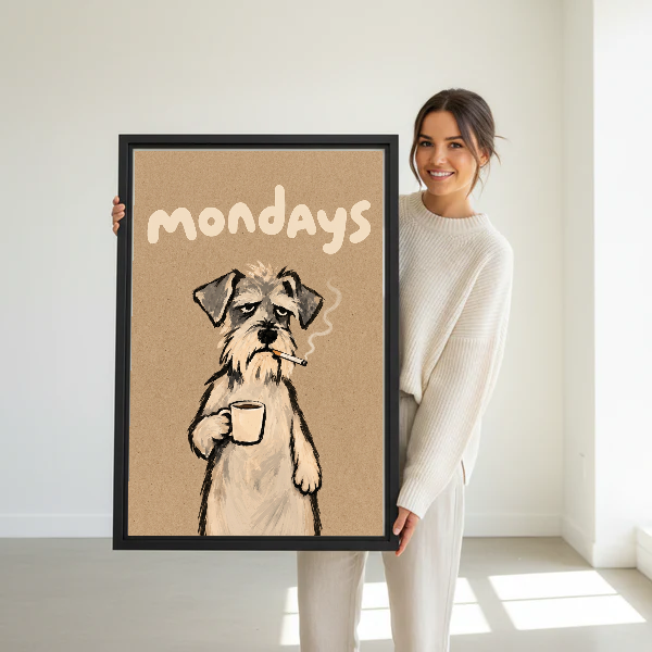 sleepy monday terrier canvas wall art framed as a woman dressed in white holds the artwork.