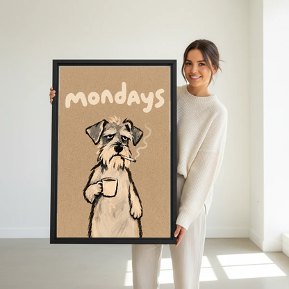 sleepy monday terrier canvas wall art framed as a woman dressed in white holds the artwork.