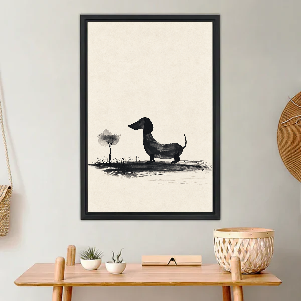 minimalist dachshund tree canvas wall art framed above a light wood console with cacti and basket.