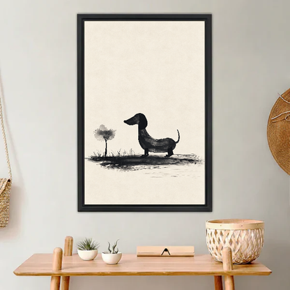 minimalist dachshund tree canvas wall art framed above a light wood console with cacti and basket.