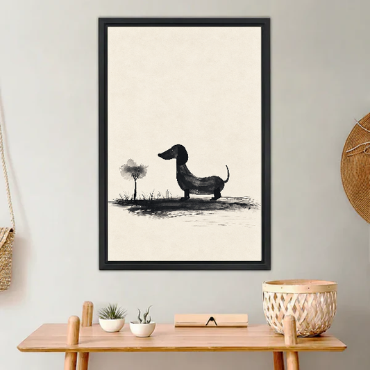 minimalist dachshund tree canvas wall art framed above a light wood console with cacti and basket.