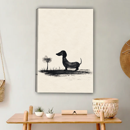 minimalist dachshund tree canvas wall art unframed above a light wood console with cacti and basket.