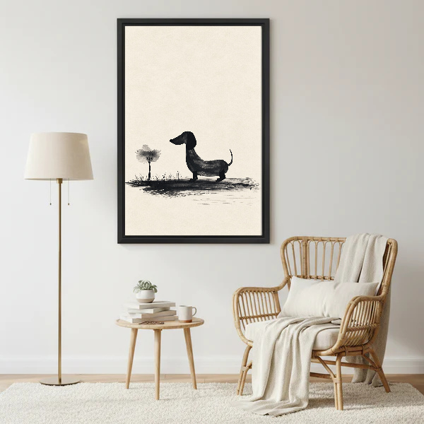 minimalist dachshund tree canvas wall art framed beside a wicker armchair with floor lamp and small table.