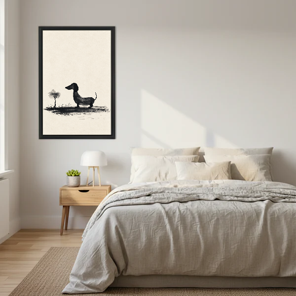 minimalist dachshund tree canvas wall art framed above a neutral cream bed with wooden nightstands.
