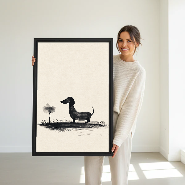 minimalist dachshund tree canvas wall art framed as a woman dressed in white holds the artwork.