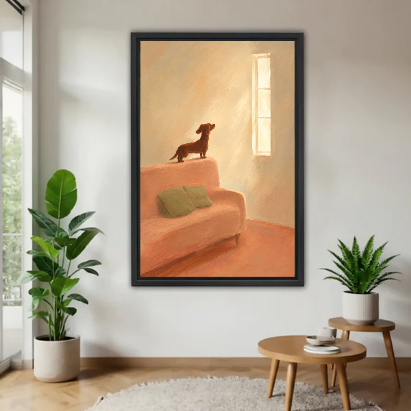 Sunlit Dachshund Canvas Wall Art framed above a warm wood table with leafy plants.