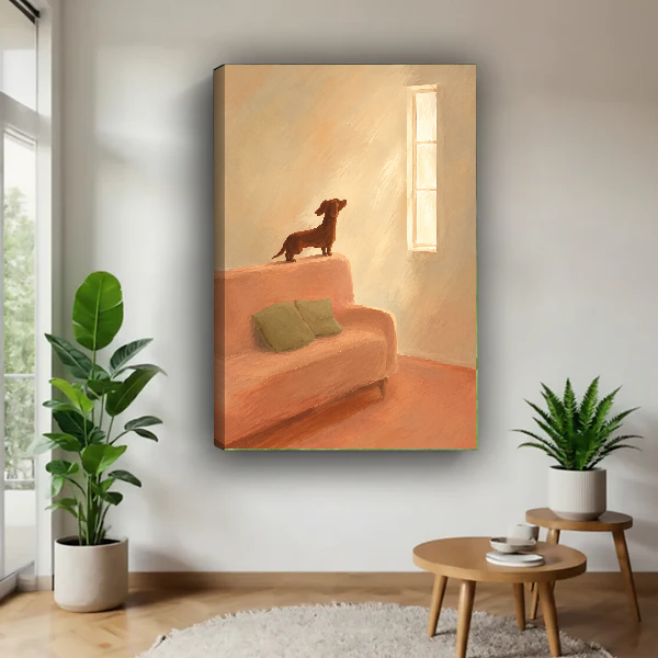 Sunlit Dachshund Canvas Wall Art unframed above a wood table with green plants.