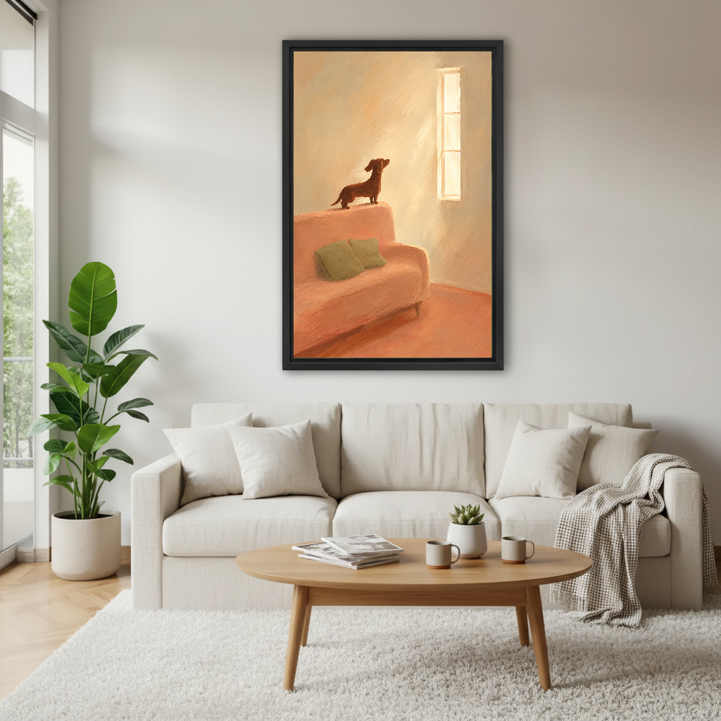 Sunlit Dachshund Canvas Wall Art framed above a white sofa and round coffee table.