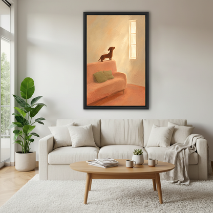 Sunlit Dachshund Canvas Wall Art framed above a white sofa and round coffee table.