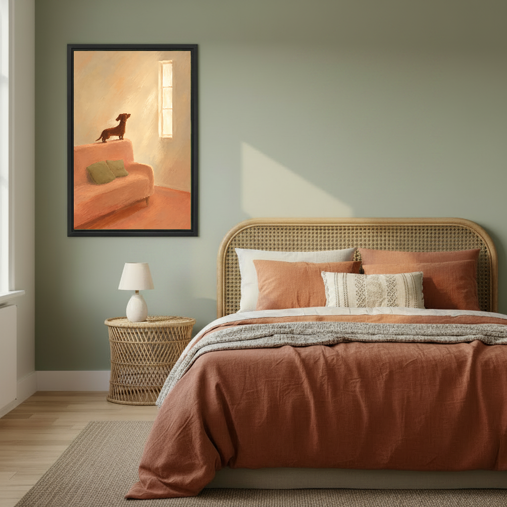 Sunlit Dachshund Canvas Wall Art framed above a copper bed against a muted green wall.
