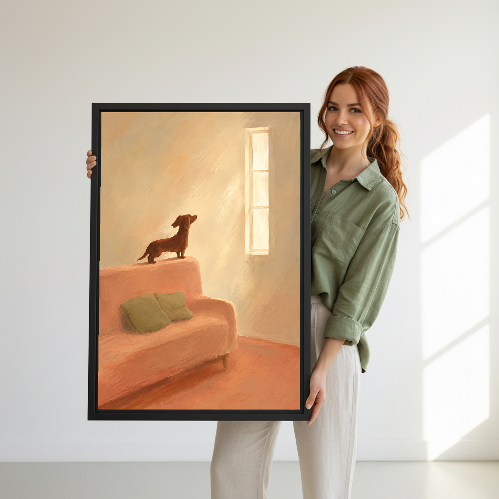 Sunlit Dachshund Canvas Wall Art held in a black frame by a standing woman in green.