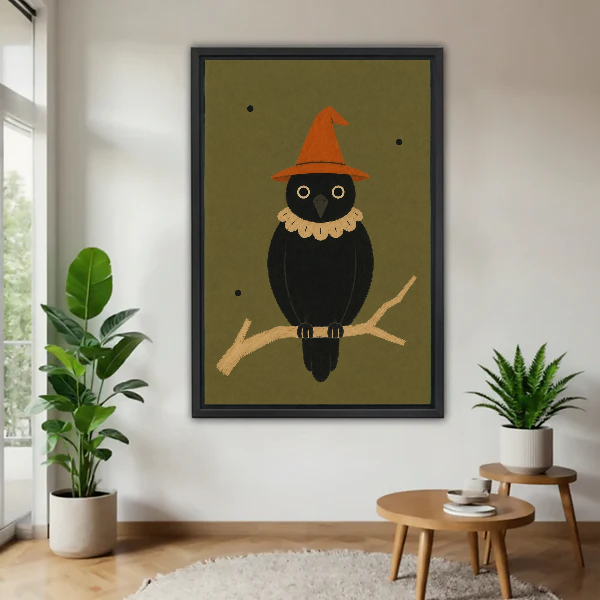 Halloween Crow Canvas Wall Art framed above a warm wood table with leafy plants.