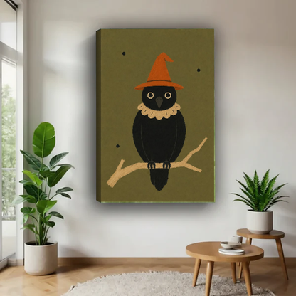 Halloween Crow Canvas Wall Art unframed above a wood table with green plants.