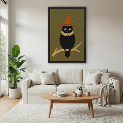 Halloween Crow Canvas Wall Art framed above a white sofa and round coffee table.