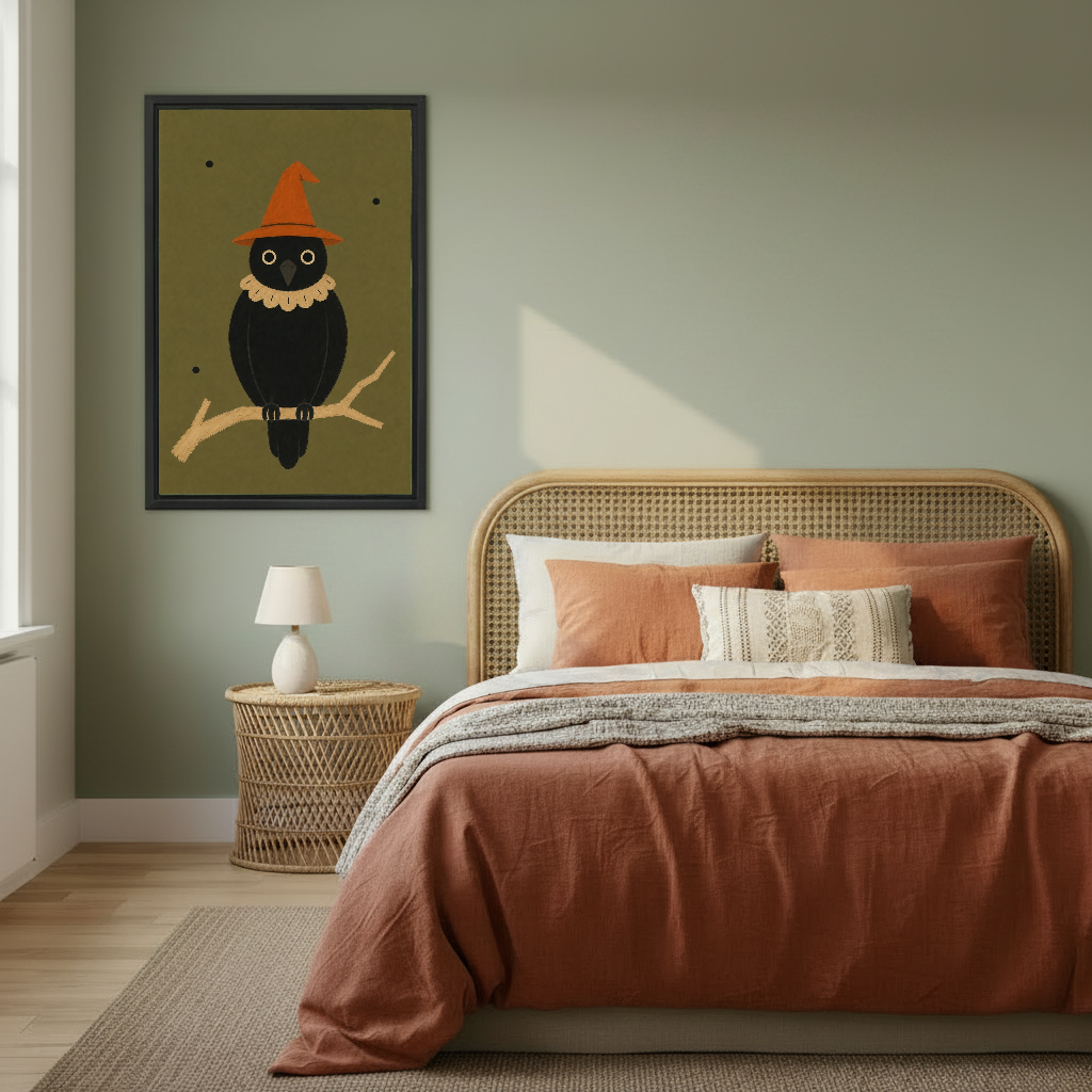 Halloween Crow Canvas Wall Art framed above a copper bed against a muted green wall.